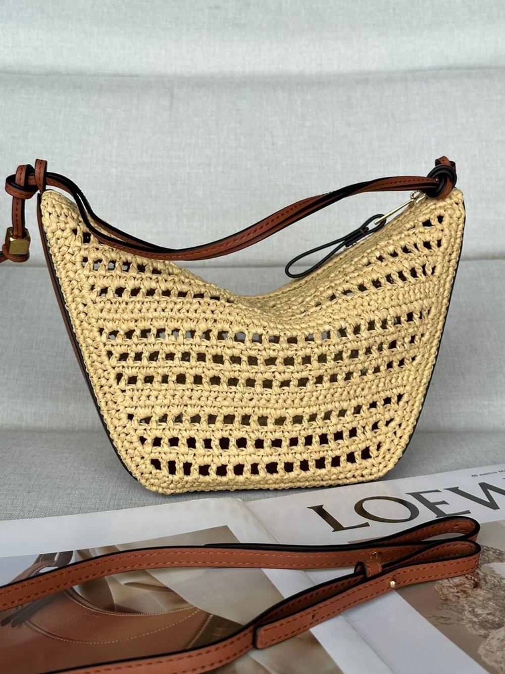 LOEWE Punch Hole Raffia Hobo Shoulder Bag